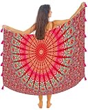 Pareo/Sarong/Cubrebos Boho Mandala con borlas - Algodón Supersuave y Ligero, Estampado de Pavo Real Indio Grande Estampado, Mandala Rubí Rosa