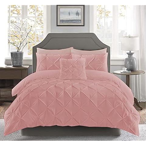 Diamond Pleated Pintuck Duvet Cover Set with Pillow Cases 100% Cotton Bedding Quilt Covers Bed Sets Double King Super King Size (King, Pink) Cover