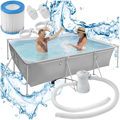 tectake Rectangular Swimming Pool with Tear- & UV-Resistant PVC Material, Filter Pump, Robust Steel...
