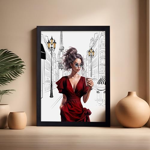 Image of Poster Master Lady in Red Print - Fashion Poster - Paris Designer Art - Modern Wall Design - Chic Gift for Women & Fashionista - Glam Decor for Bedroom or Girl's Room - 16x20 Black Framed
