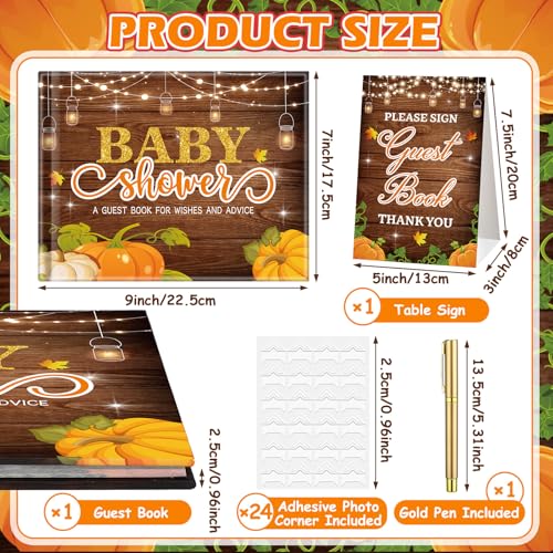 Image of Fuyoooo 27 Pcs Rustic Little Pumpkin Baby Shower Guest Book Baby Shower Sign in Guest Book Reception with Sonogram Page Keepsake Includes Gold Pen Table Card and Adhesive Photo Corner for Birthday