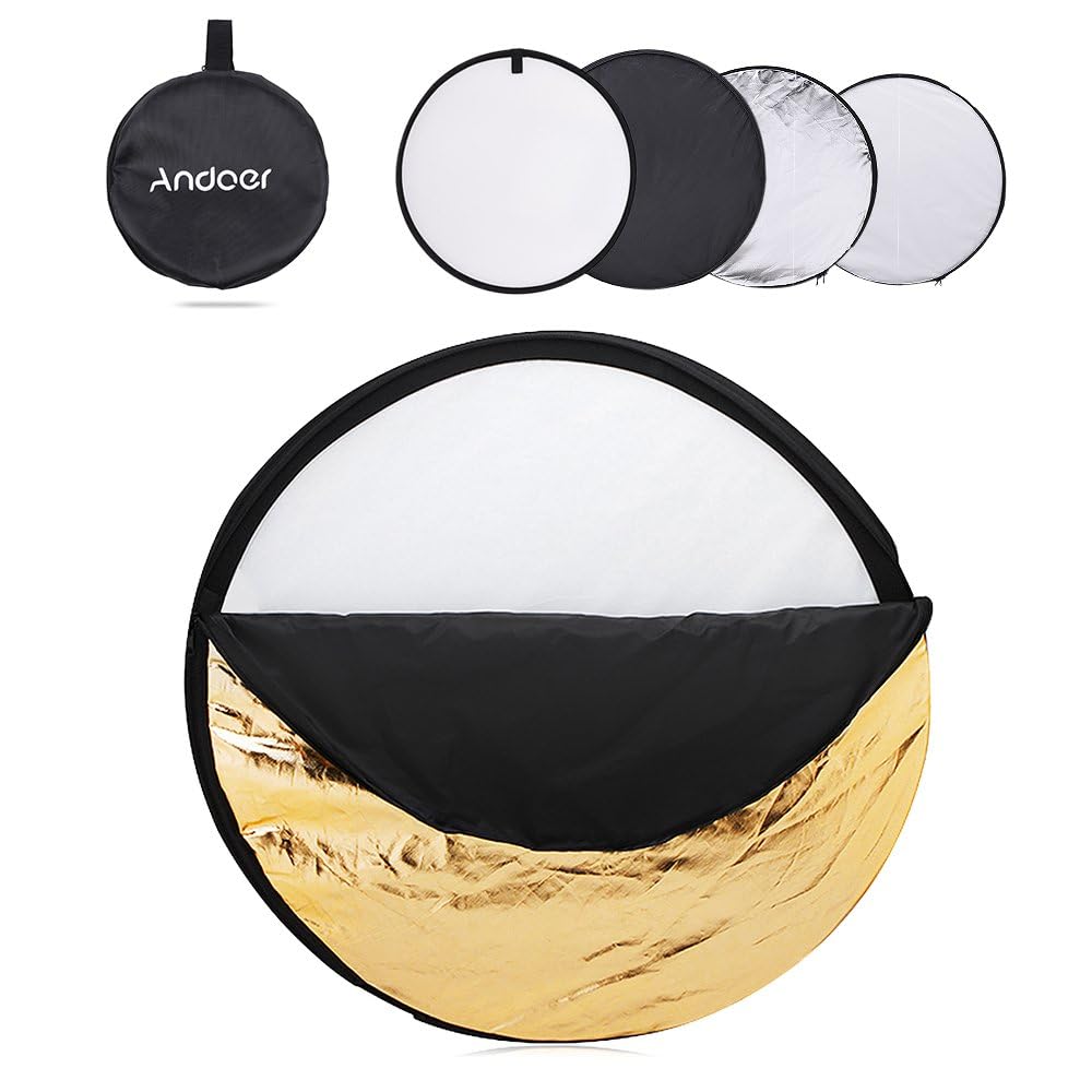 Andoer Disco Riflettente Fotografia Pannello Foto Pieghevole 24" 60Cm 5 In 1 (Oro Argento Bianco Nero Trasparente) Multi Portatile Pieghevole Fotografia Studio Foto Luce Riflettore Disco