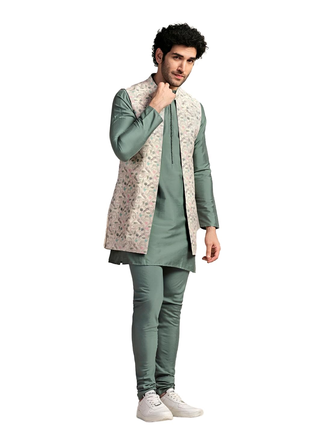 Kisah Men's Kurta Jacket Churidar Set, Multi Cotton Blend, Printed Regular Fit Mandarin Collar Full Sleeves Multicolour|38