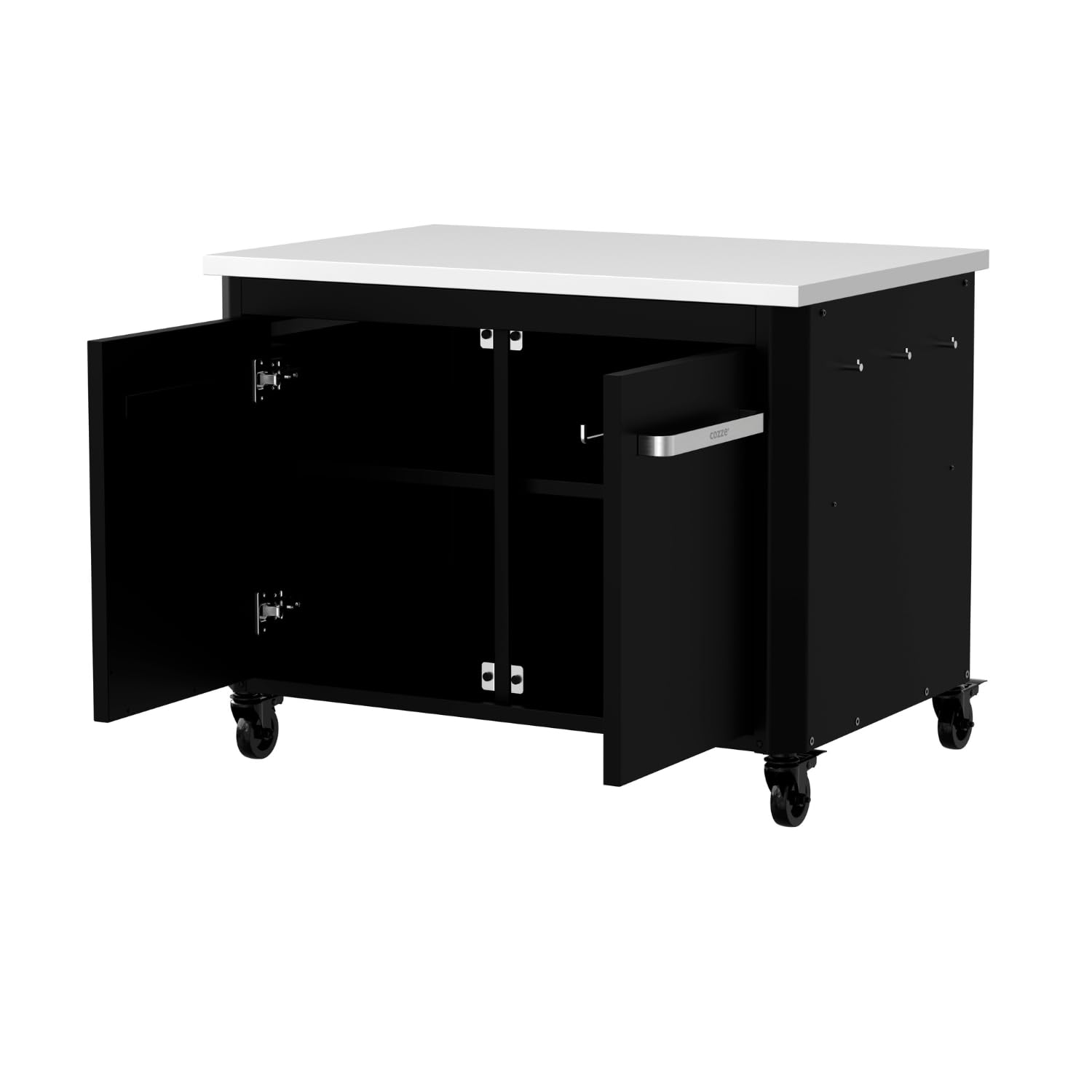 Cozze® | Cucina da esterno bassa H70 cm con piano in acciaio inox | Altezza ideale per plancha | 2 ante | 2 ripiani fissi | 6 ganci | 4 ruote Ø75 mm | Struttura in acciaio verniciato | Max 100 kg