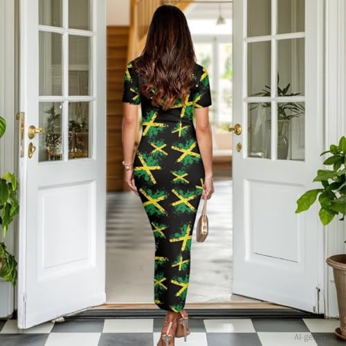 Image of Womens Short Sleeve Jamaican Flag Midi Bodycon Dress | Soft stretchy fabric,crew neck,jamaican print casual date night cocktail party, elegant chic, spring summer fall all season