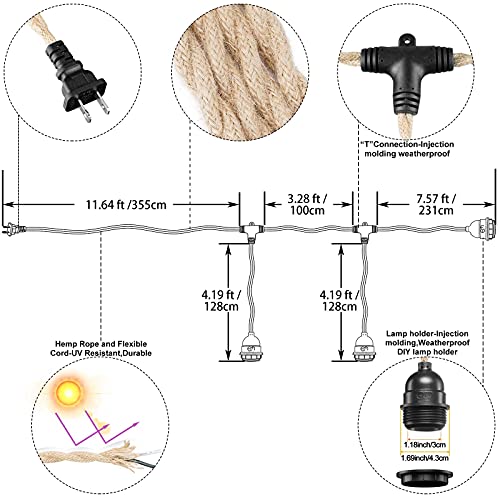 Industrial Triple Ceiling Pendant Light,Vintage Weatherproof Hanging Light Kit Fixture With Plug In Hemp Rope Cord,Diy Outdoor Fireproof Chandelier For Garden, Backyard,Living Room (Ul Listed,E26) #TOP1