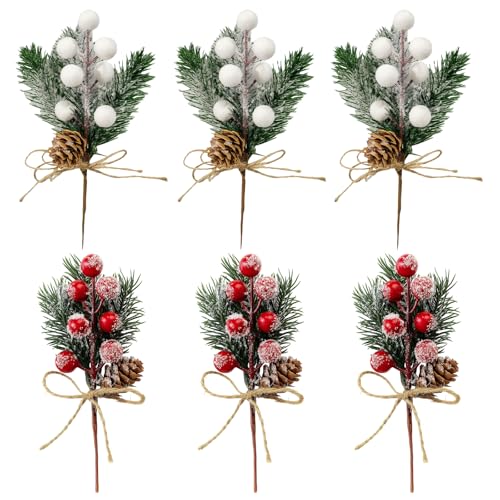 PSFXBM 6 Pack Artificial Holly Wreath Decorations Christmas Accessories with White and Red Berries Artificial Christmas Flowers for Xmas Wreaths Home Vase Decor