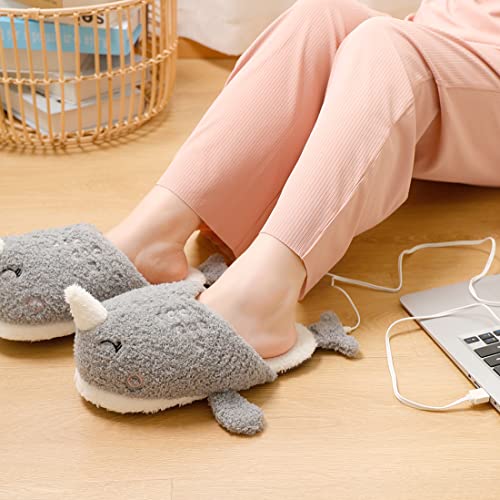 Millffy Whale Narwhal Floor Slippers - Soft House Slippers for Women, Electric USB Heated2