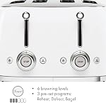 Smeg 50's Style Retro Aesthetic 4 Slice Toaster 6 Presets Extra Wide Slots, White, TSF03WHUS
