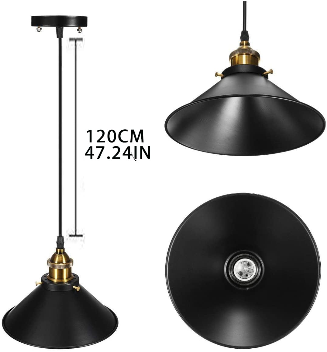 Suspension Luminaire Industrielle Noir Suspension Vintage Retro Lampe Suspendue Metal lustre Industriel Éclairage de Plafond pour Salon Chambre Cuisine Restaurant Bar Couloir 22cm