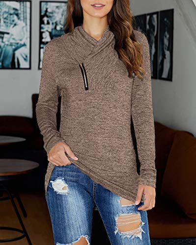 KIRUNDO 2019 Winter Women’s Long Sleeves Pullover Zipper Cowl Neck Tops Solid Color Sporty Sweatshirts (Medium, Brown)