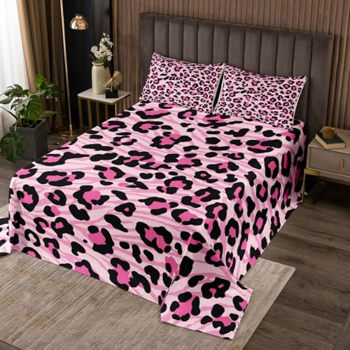 Homemissing Leopard Drucken Tagesdecke 240x260cm Zebra Streifen Bettüberwurf Gepard Zebra Pelz Steppdecke Wilde Tier Druck Haut Wohndecke Doppelbett Gesteppt Pink