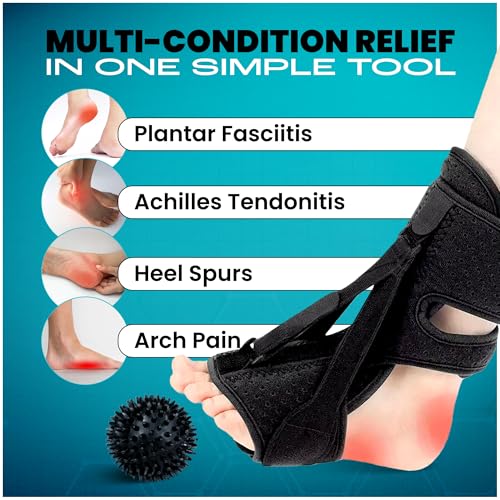 Image of Plantar Fasciitis Night Splint for Women & Men - Soft Adjustable Foot Brace for Heel and Arch Pain Relief - Includes Massage Ball