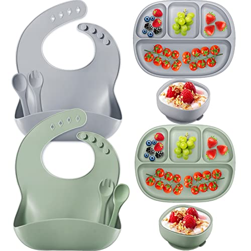 2 Sets Baby Silicone Feeding Set Toddlers Including Silicone Baby Plates and Bowl with Suction, Adjustable Silicone Bib,toddler Spoons and Forks for Baby Eating Supplies