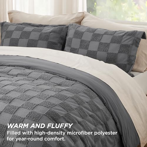 Image of Bedsure Dark Grey Queen Size Comforter Set, Boho Tufted Bed Set, Checkered Farmhouse-Style Distressed Vintage Bedding, 3 Pieces, 1 Plaid Geometric Comforter and 2 Pillow Shams