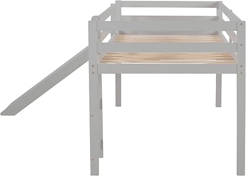Miniatura 6 de Anwick Cama tipo loft individual con tobogán cama baja con listones de madera maciza y barandilla de protección cama tipo loft individual de madera