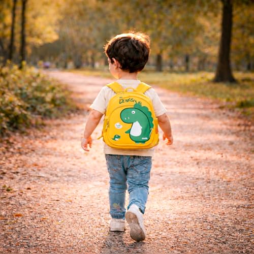 Image of WISHKEY Waterproof Small Size Bag,Picnic & Fancy Kindergarten Bags for Toddler Boys & Girls, Lightweight Cute Cartoon 3D Dinosaur Nursery Mini Dino Backpack for Kids 2 To 5 Years (Pack Of 1,Yellow)