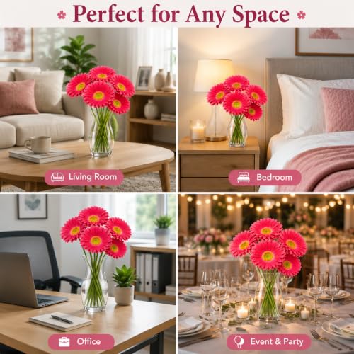 Image of CURATED CART Gerbera Daisy Flowers - Pack of 5 Pink Faux Blooms, 30cm Tall | Real Touch PU Petals with Bendable Green Stems | Artificial Flower Bouquet for Home, Kitchen, Office (Pink) (No Vase)
