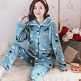 NYLHK Pijamas para Mujer Invierno,Otoño Y Pijama De Terciopelo Coral Grueso Trajes De Mujer Servicio A Domicilio Más Terciopelo Lindo/Azul Árbol De Coco/Rebeca De Manga Larga De Franela Talla Grande,