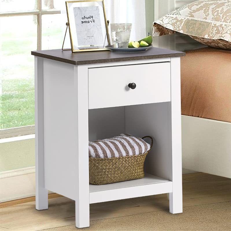 ChooChoo Farmhouse Nightstand with Drawer, White Bedside Table with Storage Cabinet for Bedroom, Wooden End Side Table Living Room