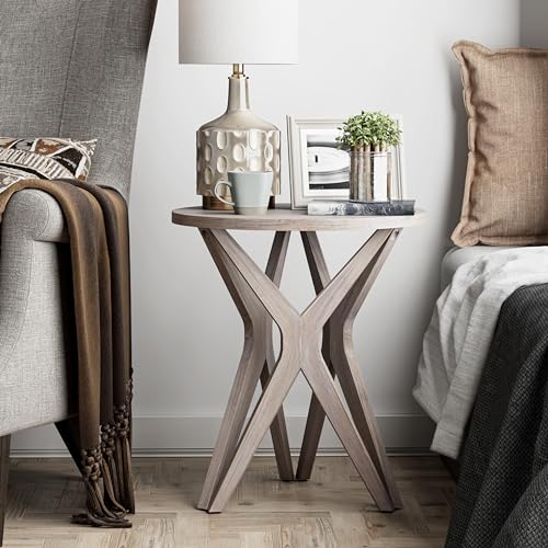Image of COZAYH Pedestal Farmhouse End Table, Distressed Ash Grey Top with Tripod Base for Modern Farmhouse, Boho Decor, Round