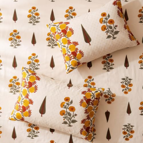 Image of Naksh Bedsheet for Double Bed King Size Floral Print 2 Pillow Covers | Marigold Botanical Bedsheet | Soft Breathable Floral Bedding Set, Ochre Orange | Royal Sajawat Collection |