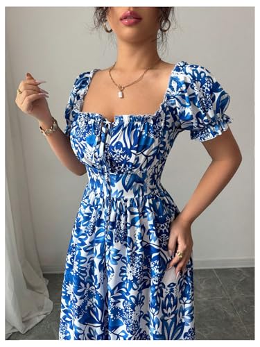 Image of Floerns Women's Floral Short Puff Sleeve Milkmaid Dress Boho A Line Long Dresses
