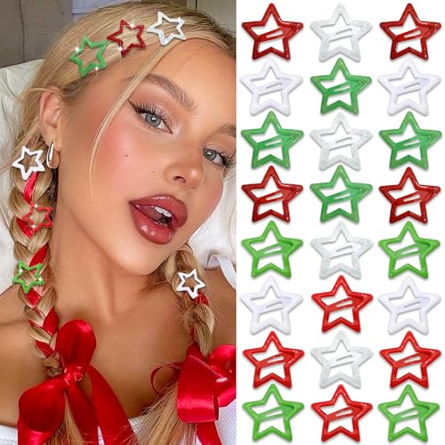 NAISKA 24PCS Christmas Hair Clips Sequins Stars Hair Barrettes for Women Girls Y2k Non Slip Snap Clips Red Star Green White Metal Hair Pins XMAS Colors Hair Accessories