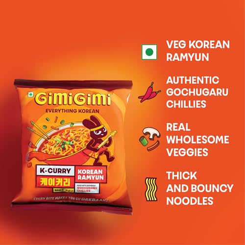 Image of GIMI GIMI - K - Curry, 125g | Veg Korean Ramyun | Authentic Gochugaru Chillies | Thick & Bouncy Noodles
