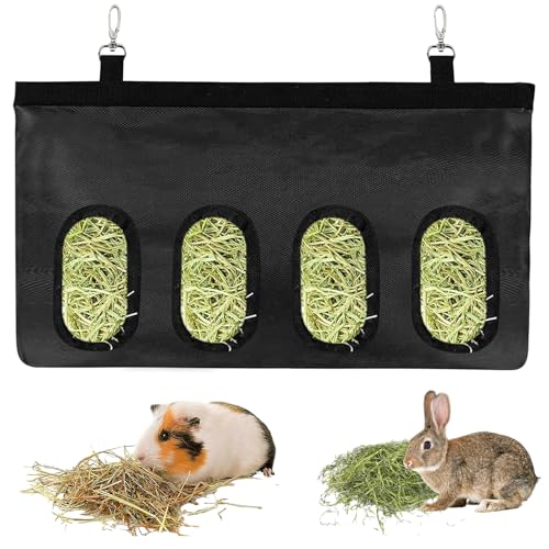 Bolsa de Heno para Conejos y Cobayas - Comedero Colgante con 4 Orificios para Mascotas Pequeñas, Negro