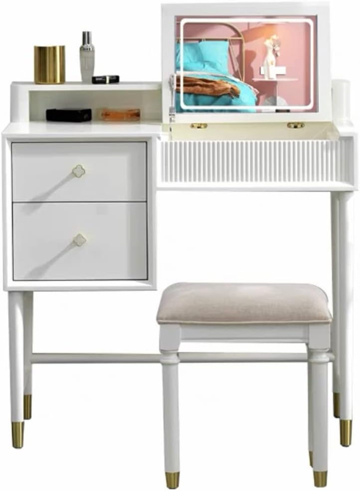 Vanity Dressing Table Set Luxury Makeup Bench with 3 Colors Led Hd Mirror,Comfortable Stool Drawers Cabinet,Modern Simple Style,for Girl's Gift (Color : C) (D)