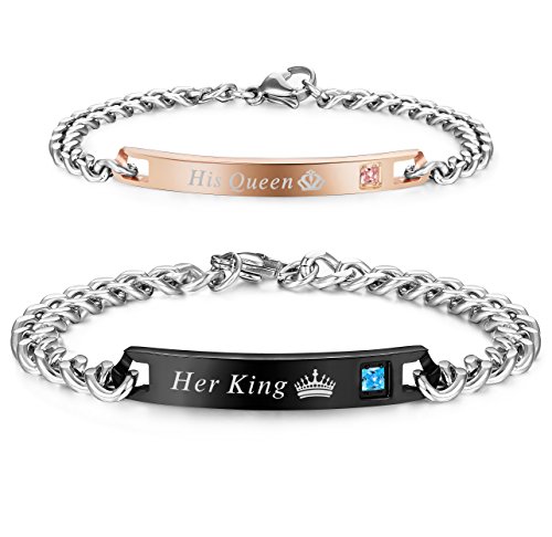 LOLIAS 2 Pcs His & Her Couples Bracelets for Men Women Gift for Lover His Queen Her King Stainless Steel Bracelet Chain Jewelry Matching Set Anniversary Promise