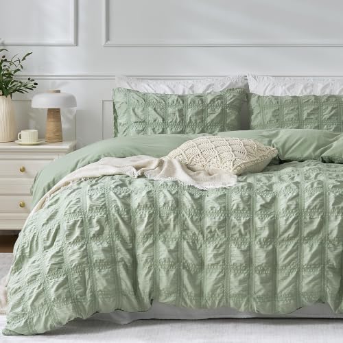 Image of JELLYMONI Seersucker Duvet Cover Set Full, 3pcs Light Green-Grid Polyester | In Guest Room & Studio, Single Upgrades Pick, Crinkled Texture, Oeko-Tex Certified, 8 Corner Ties & Hidden Zipper