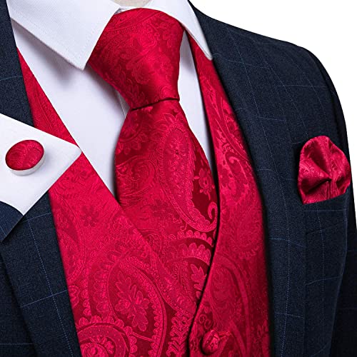 Image of DiBanGu Mens Paisley Vest Silk Sleeveless Suit Vest and Neck Tie Pocket Square Cufflinks Set for Wedding Formal