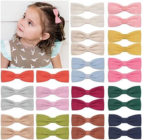 30Pcs Baby Girls Hair Clips Cotton Linen Fabric 3 inch Small Bow knot Alligator Hair Barrettes Non-slip Lined Hair Accessories for Infants Toddler Kids, 15 Colors in Pairs