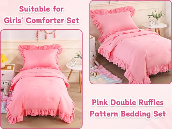 Image of Toddler Bedding Set for Girls, 4 Piece Double Ruffles Soft and Breathable Toddler Bed Sheets with Boho Toddler Comforter, Fitted Sheet, Flat Sheet and Pillowcase, Pink