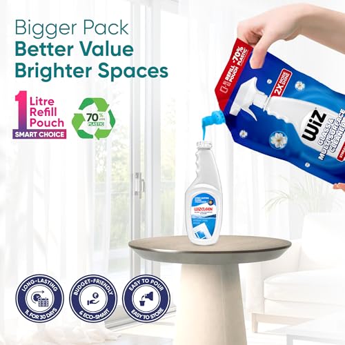 Image of Wiz Cleen 2X More Shine Glass & Multi-Surface Cleaner Liquid 1L Refill (Pack of 2) | Streak-Free Shine | Glass Cleaner for Car, Kitchen & Home | 70% Less Plastic Refill Pouch