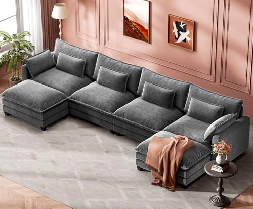 Image of Marsail Modular Sectional Sofa 145.6 inch U-Shaped Modern Comfy Cloud Couch, 6-Seat Chenille Deep Seat Sofa with Throw Pillow & Movable Ottoman for Living Room, Bedroom and Apartment, Grey