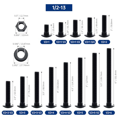Image of 1 /2-13 x 6 Black Carriage Bolts with Nuts and Washers Kits (6 Sets), 304 Stainless Steel 18 /8, Black Finish, Round Head, Square Neck, Heavy Duty Bolts, Indoor Outdoor Fastening Bolts, Fayeploo