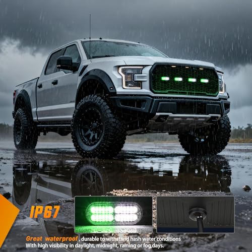 Image of Nilight 4PCS 24LED Green White Strobe Light 12V /24V Grille Surface Mount | Hazard Safety Warning Light with Sync Feature for Car Truck Camper Side Marker Aluminum Alloy Base Emergency Lights