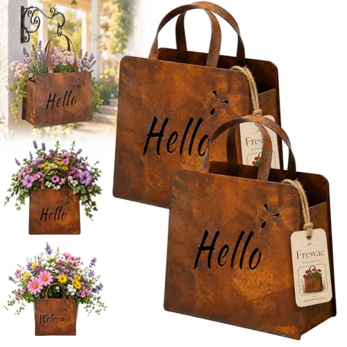 Frewac Rustic Metal Handbag Planter Decor Vintage Iron Hello Welcome Flower Box Outdoor Garden Porch Patio Lawn Walkway Fence Farmhouse Brown Hanging Mini Sculpture Housewarming Gift(2Pcs)