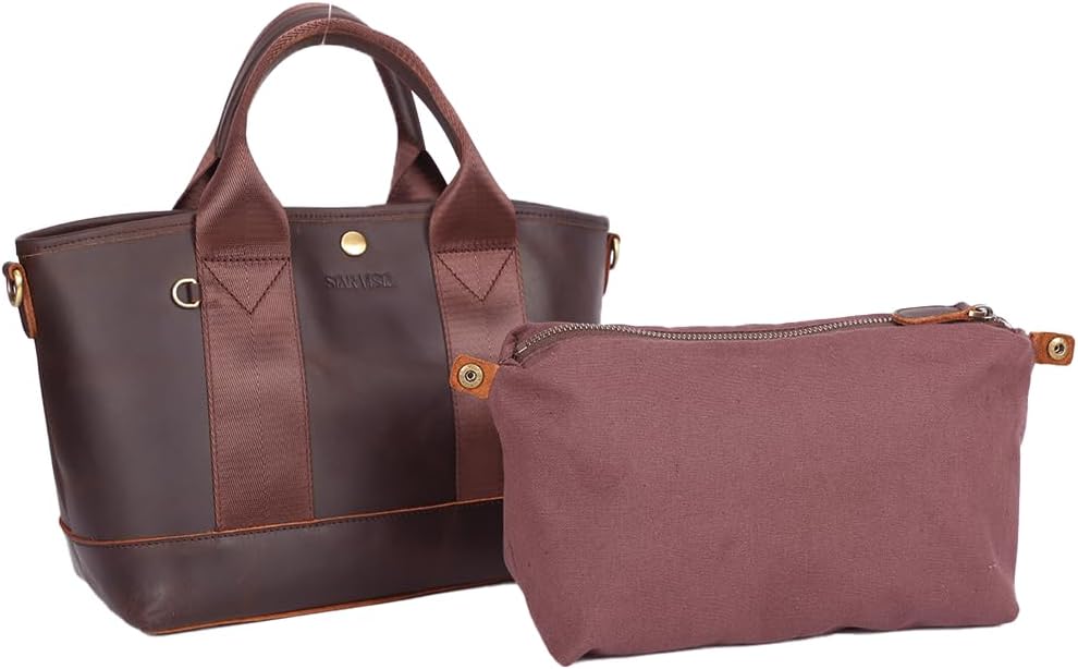 STAR VISTA Concordia Vintage Full Grain Leather Tote, Compact Satchel Handbag for Summer, Dark Brown, YKK Zippers, Top Handles, Detachable Cotton bag, Adjustable Shoulder Strap