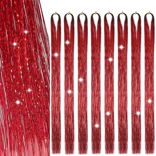 Hair Tinsel 8 Packs 1600 Strands 50 Inch Tinsel Hair Extensions Red Heat Resistant Glitter Sparkling Shinny Fairy Hair Accessories for Women(Red 50Inch)