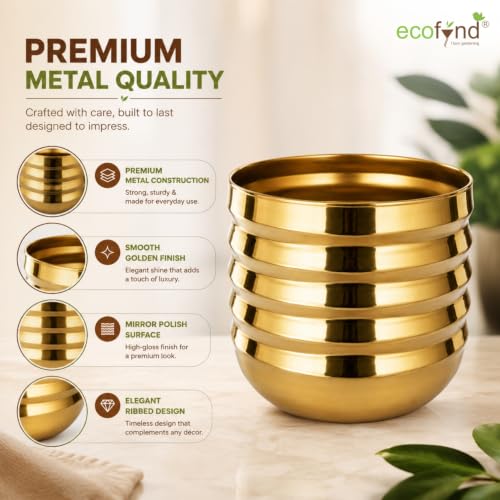Image of ecofynd 1 Pack 5 Inch Gold Metal Flower Pot, Modern Decorative Indoor Planter for Small Plants, Tabletop Plant Pot for Home, Office, Living Room, Bedroom, Shelf & Windowsill Decor (POT057-GO)