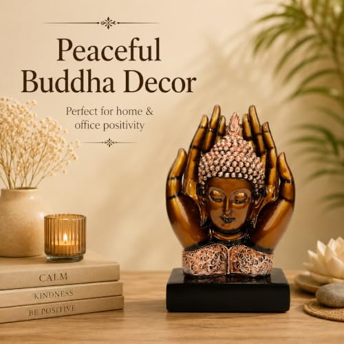 Image of HindCraft Buddha Showpiece for Home Decor - Meditating Buddha Idol in Protective Hands, Spiritual Decorative Statue for Living Room, Office Desk, Meditation Room, Gift Item