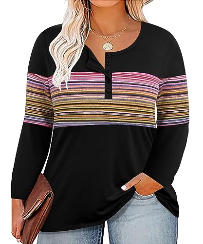 Image of CARCOS Plus Size Tops for Women Long Sleeve Fall Tunic Color Block Camo /Plaid /Leopard /Fall Blouse Crewneck Tshirt XL-5XL