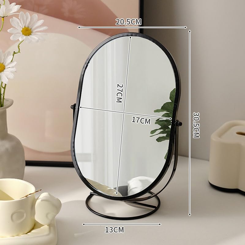 Hosoncovy Metal Frame Desktop Mirror with Stand Oval Dressing Table Tabletop Makeup Cosmetic Single Sided Full Length Mirror for Bathroom Bedroom (Black) - Image 2