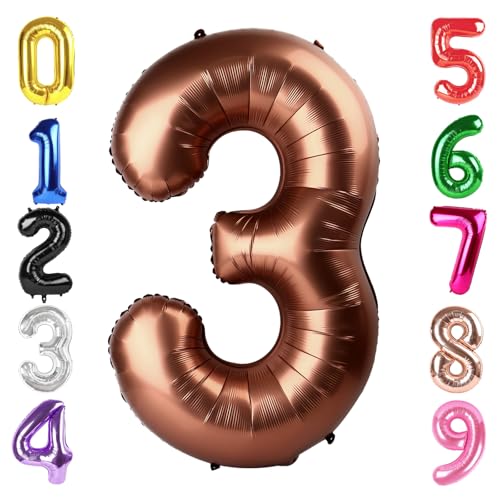 Image of 40 Inch Brown Number 3 Balloon Birthday Party Decorations for Men & Women | 40 Inch Brown inflatable foil number balloons, large birthday decorations for 3rd birthday