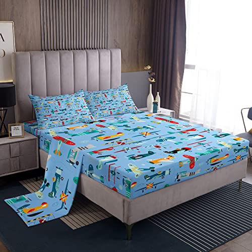 Erosebridal Boys Airplane Bed Sheets Twin Size Fighter Plane Sheet Set Aviation Aircraft Fitted Sheet Transport Airliner Aeroplane Top Sheet Helicopter Blue Sky Air Scenery for Kids Room Dec