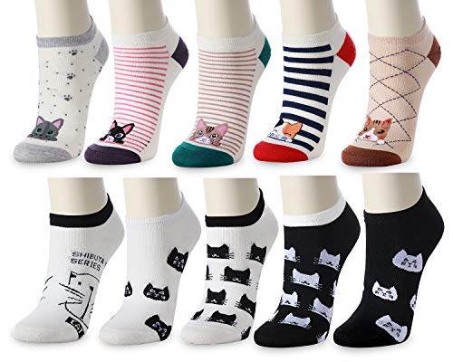 10 Pairs Novelty Cat Socks for Women - Thin Causal Women and Girls
